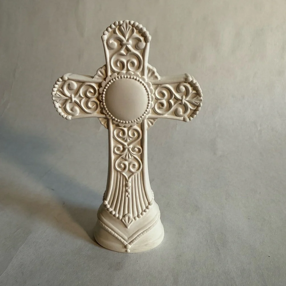 Elegant White Decorative Cross Cake Topper